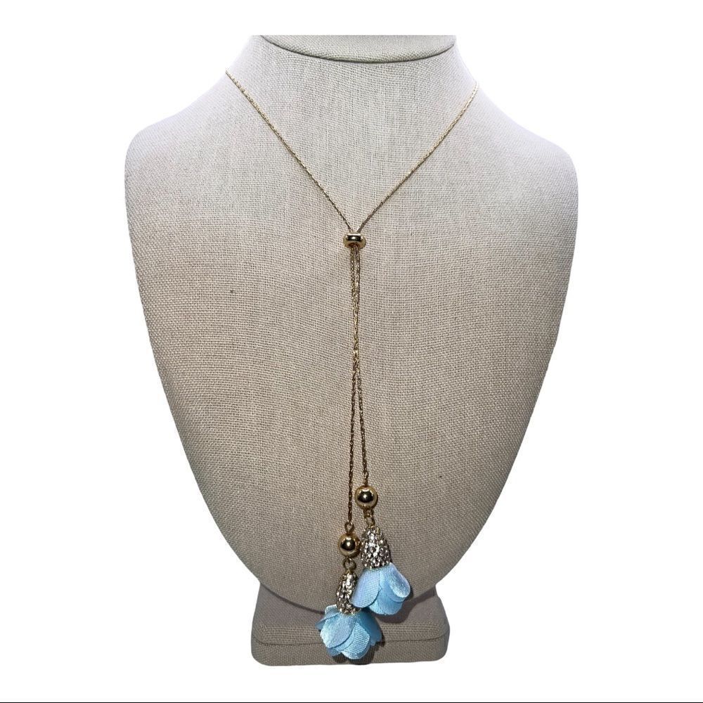INC International Concepts Blue Fabric Flower 37" Lariat Adjustable Necklace New